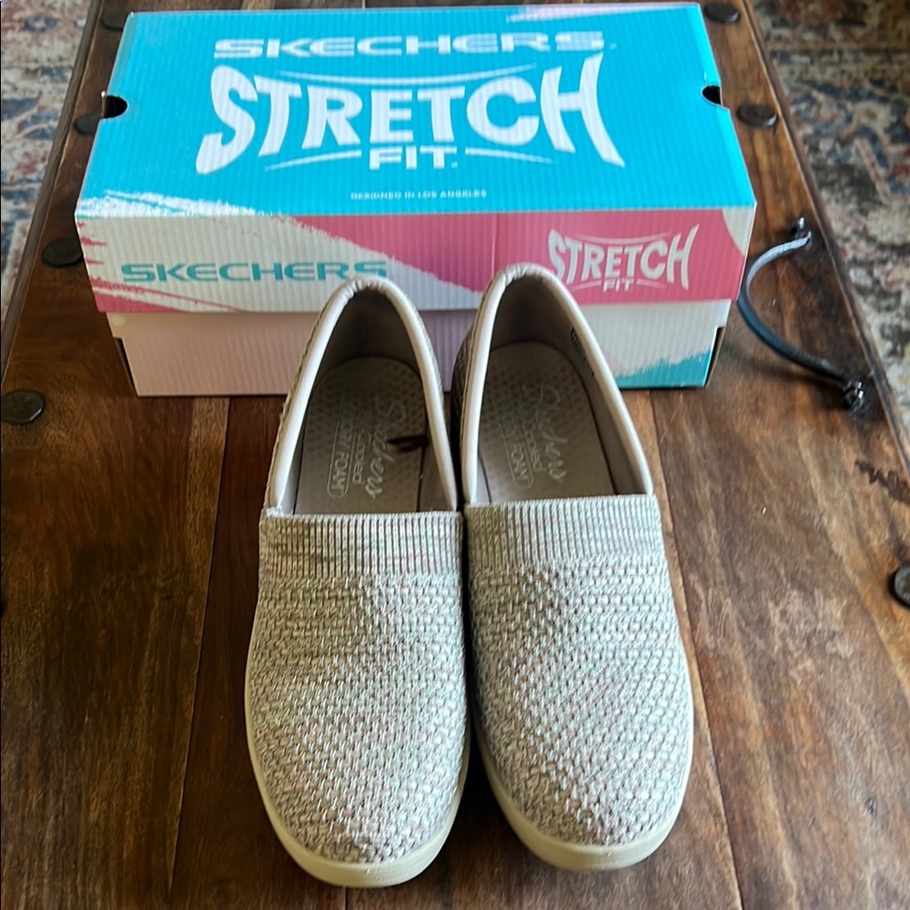 Skechers Pier Lite Take A Sec Taupe/ Pink Beige Stretch Fit Slip-Ons Siz…